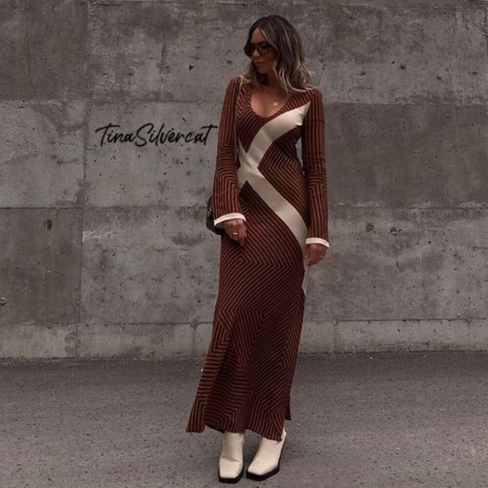 BLOGGER'S FAVE! Zara Striped Midi Dress Brown Sz XS, Small NWT - Picture 2 of 16